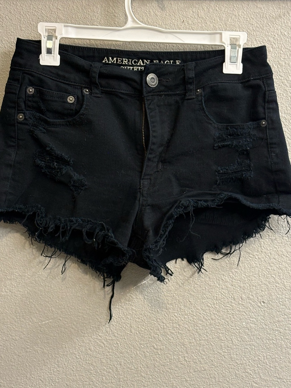American Eagle Hi-Rise Festival Black Distressed Frayed Hem Denim Shorts Size 8